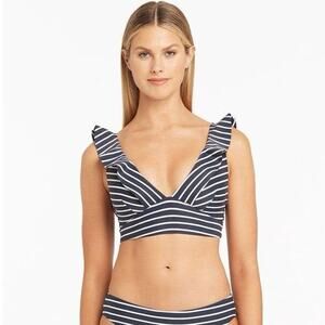 Sea Level Navy Blue Stripe Frill Ruffle Bikini Swim Swimsuit Top womens 4 XS new
